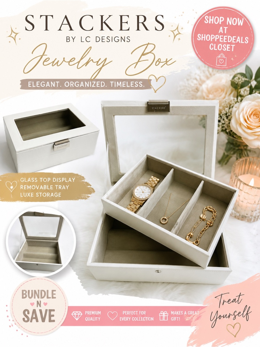 STACKERS by LC Designs White Glass Lid Jewelry Box with Removable Tray